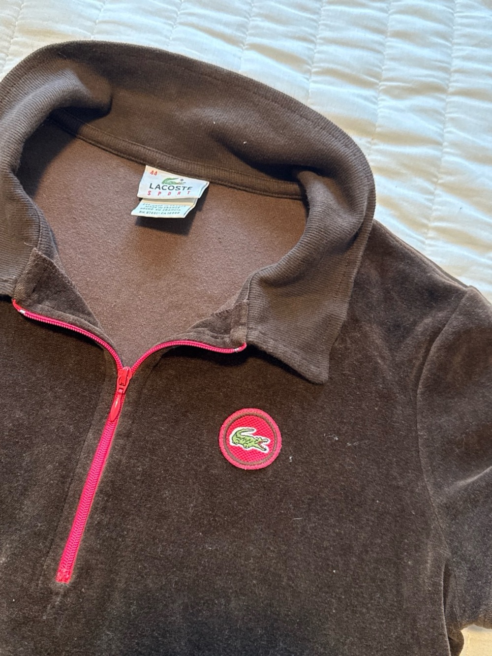 Lacoste Brown Velour Half-Zip Hoodie with Pink Trim